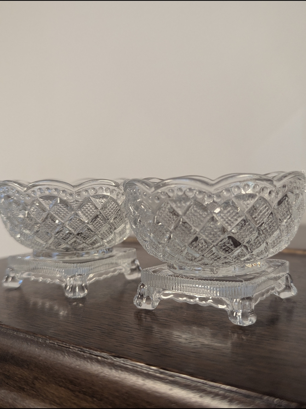 Set of 2 Footed Clear Pressed Glass Salt Cellars / Mini Bowls